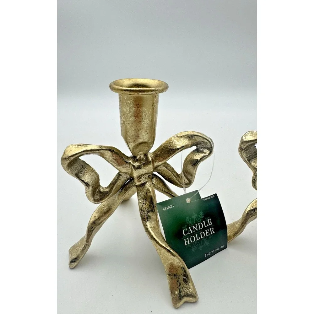 Hobby Lobby Gold Bow Taper Candle Holders Set of 2 Metal Christmas Decor NEW